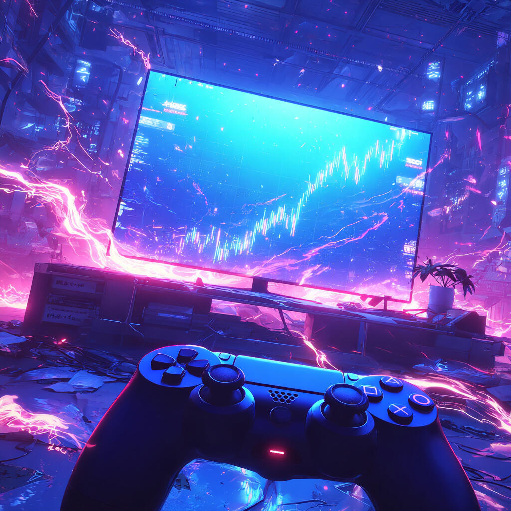 Controller in front of a screen with a line chart trending upwards